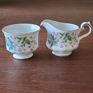 Vintage Queen Anne England Creamer and Sugar Pink Floral Gold Trim Bone China